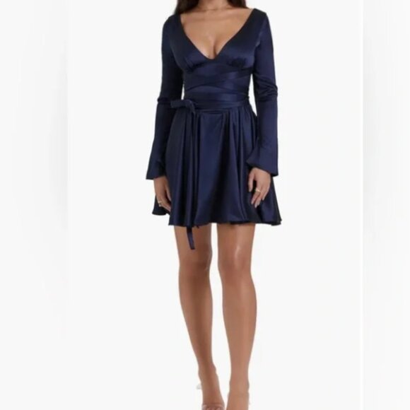 House of CB Dominique Navy Blue Satin Dress - Picture 2 of 8